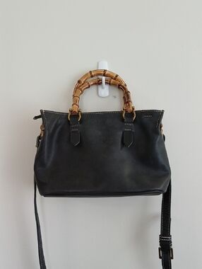 Black Leather Satchel with Bamboo Handles